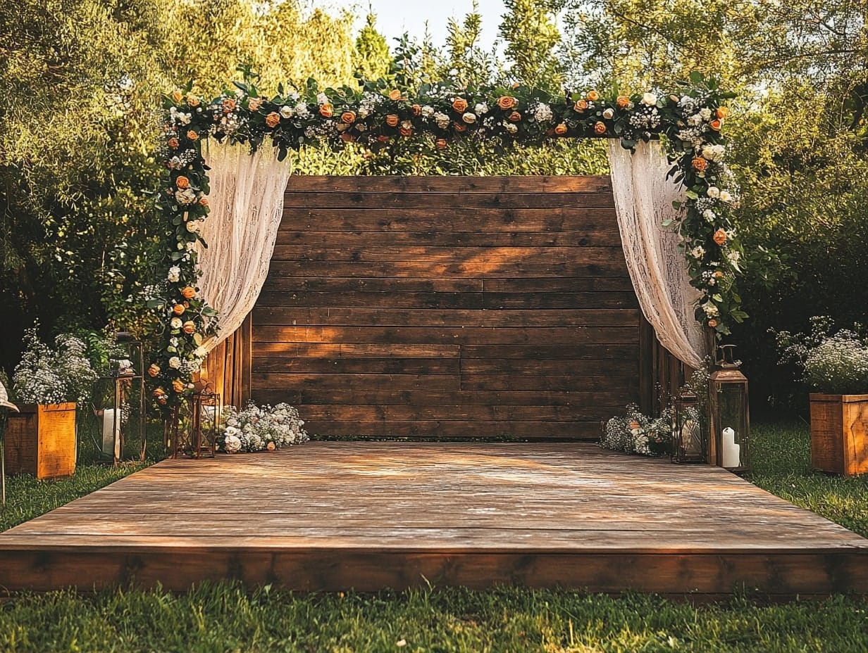 backyard rustic wooden wedding stage