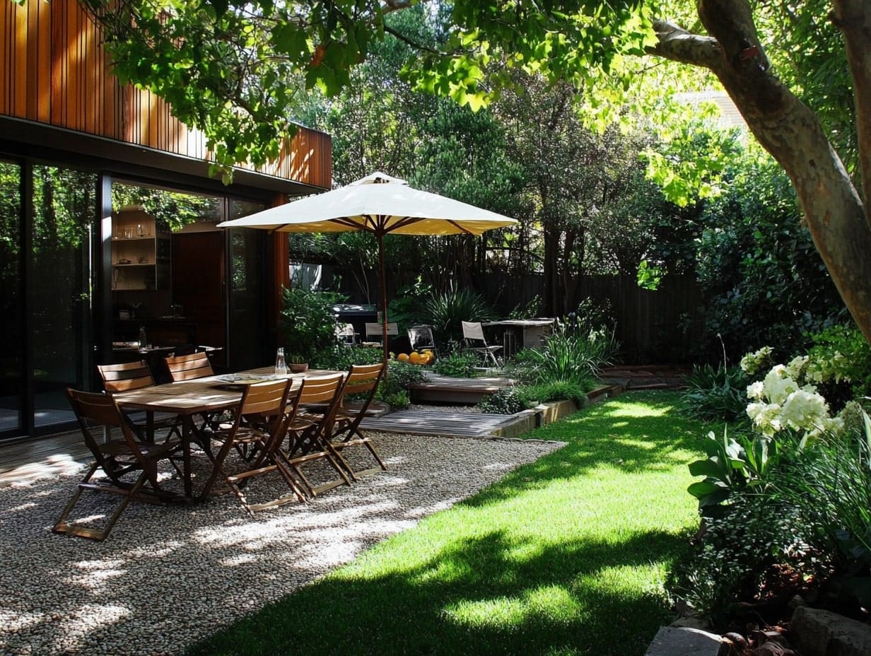 a backyard with a good seating area over gravel