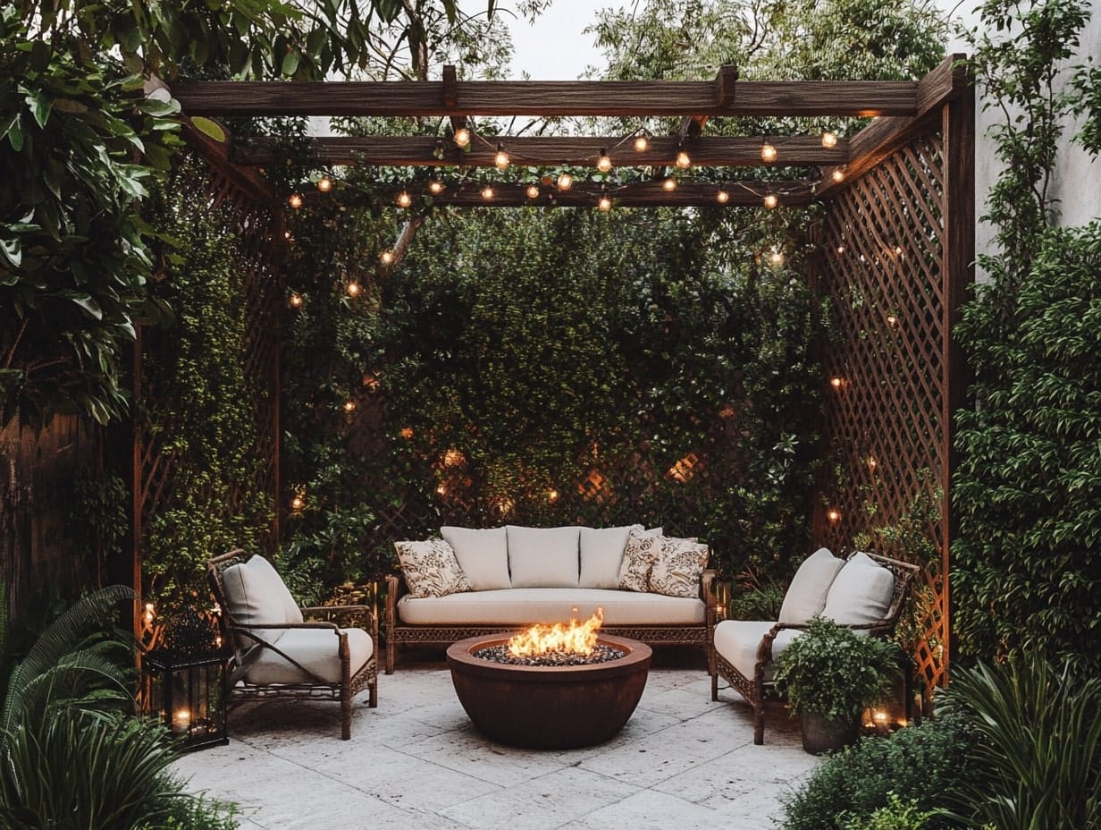 a secluded patio nook in a backyard garden