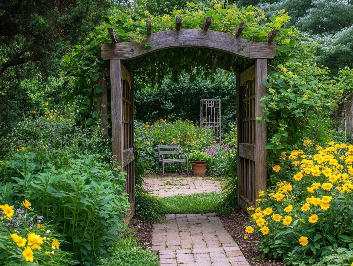 a secret garden gate nook in a backyard garden