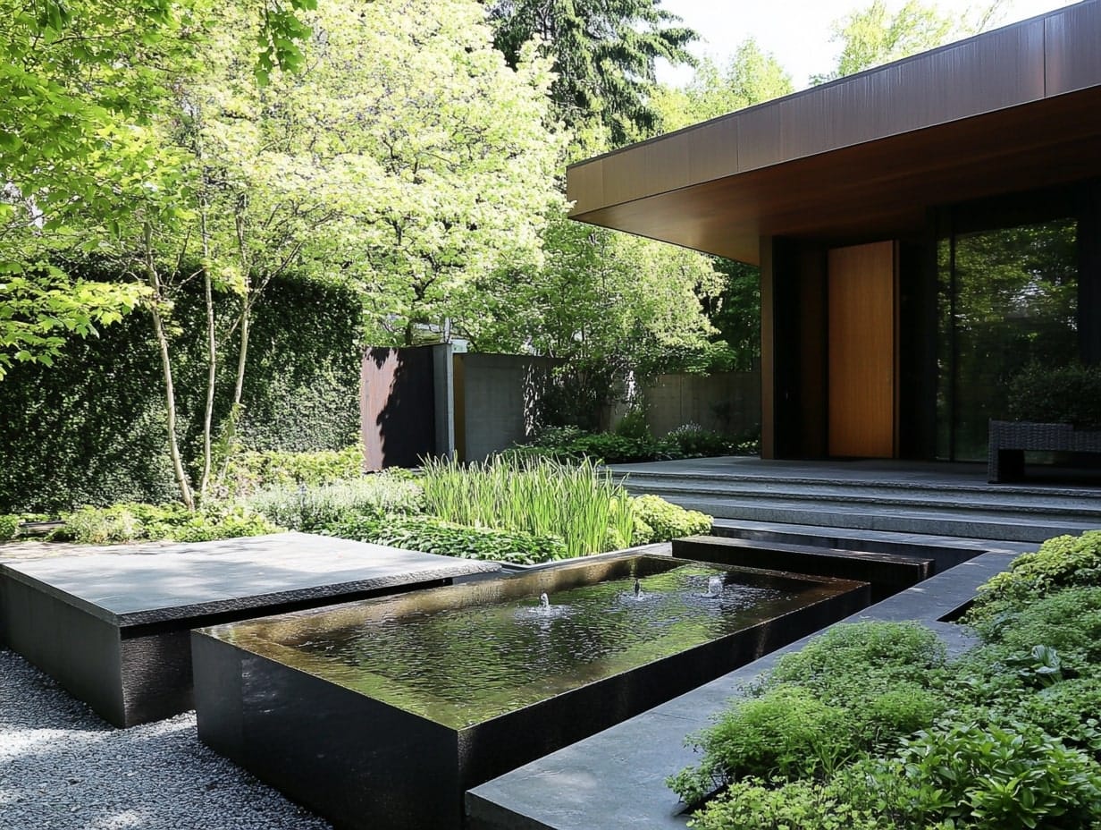 a backyard with a modern water fountain