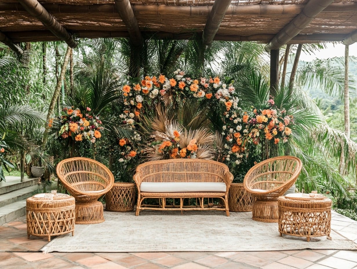 a tropical paradise themed wedding stage