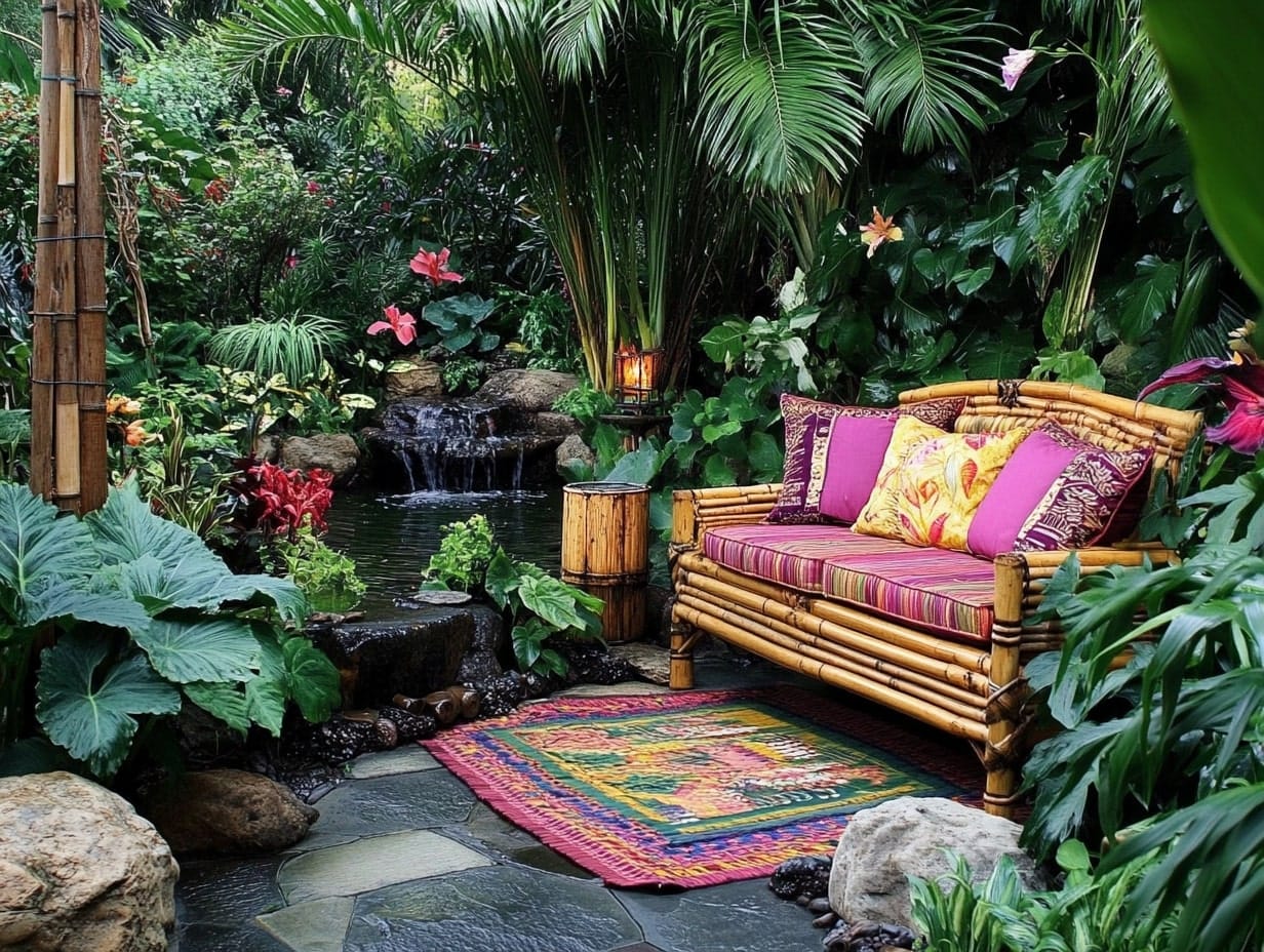 a tropical retreat nook in a backyard garden