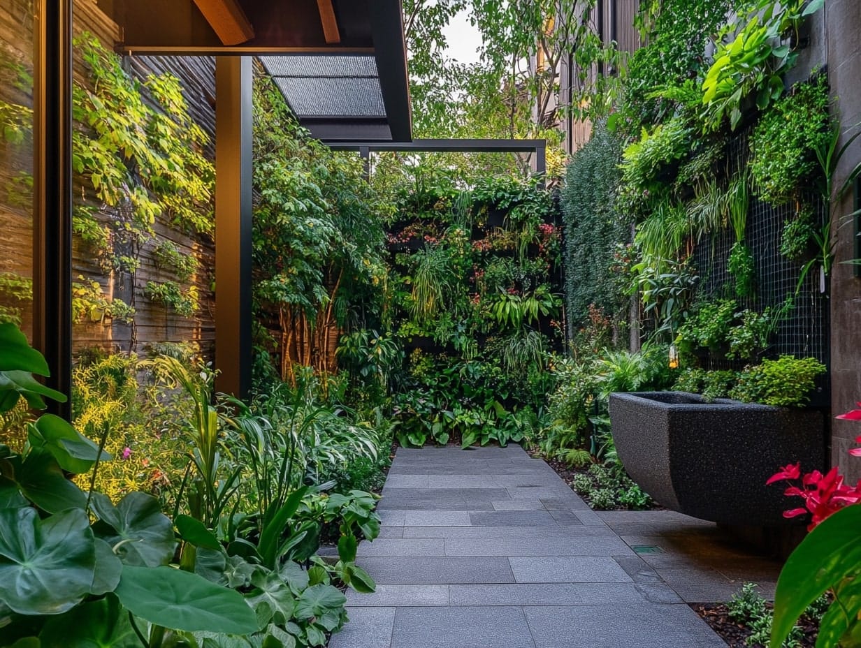 a backyard with vertical green walls