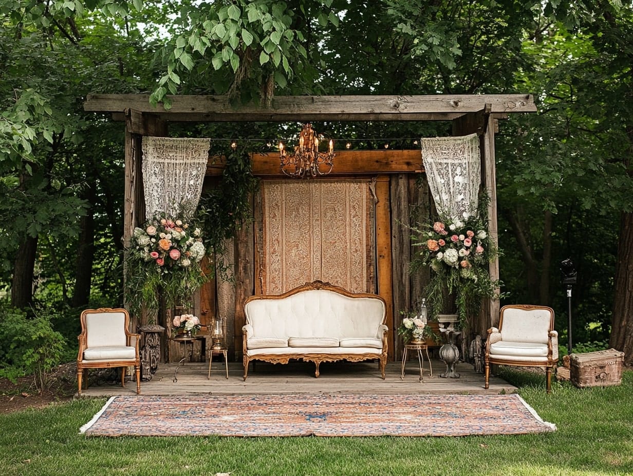 vintage wedding stage with antique decor