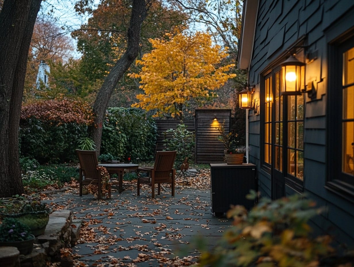 wall-mounted sconces on outside walls of a home in autumn