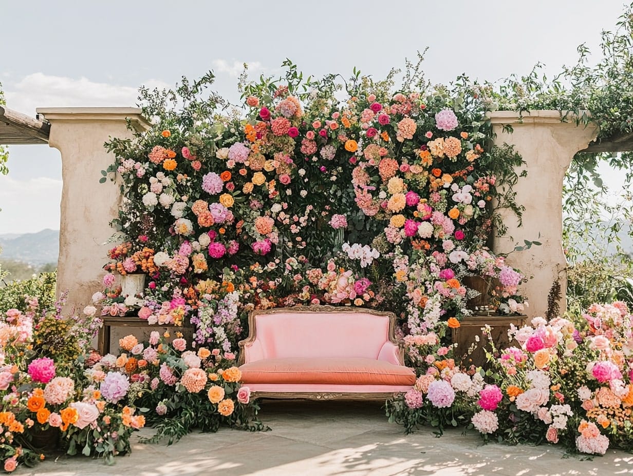 whimsical floral outdoor wedding stage