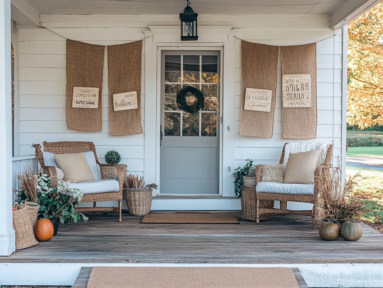 Front Porch With Burlap Banners and Rustic Signs for a Country Vibe