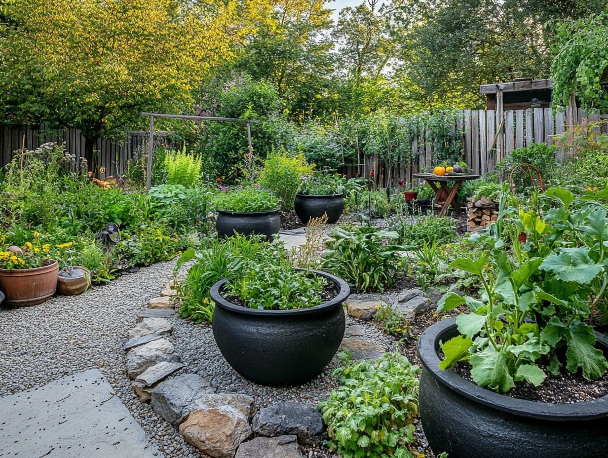 cauldron planters in a backyard garden