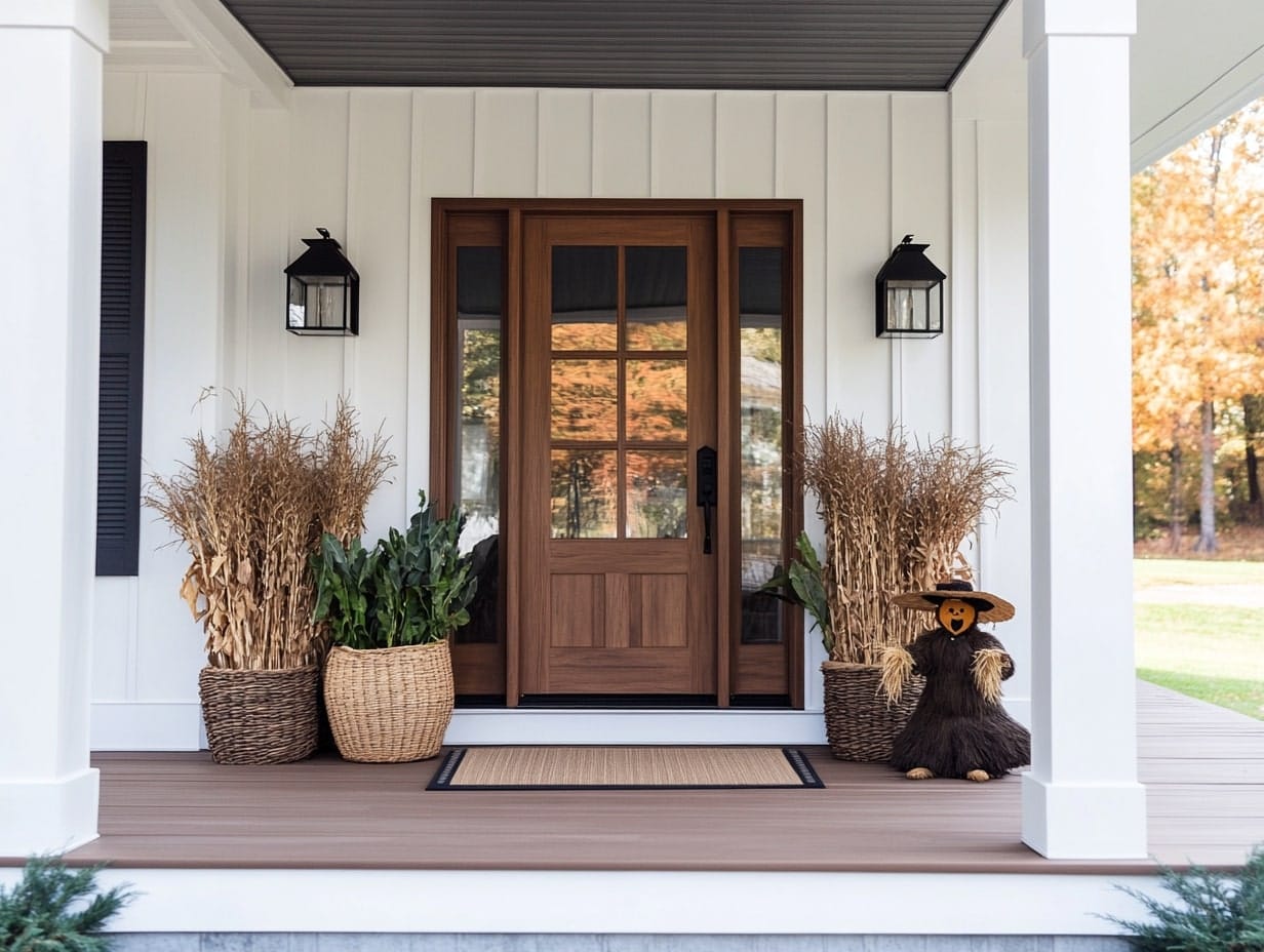 Front Porch With Cornstalks and Scarecrows for a Farmhouse Touch