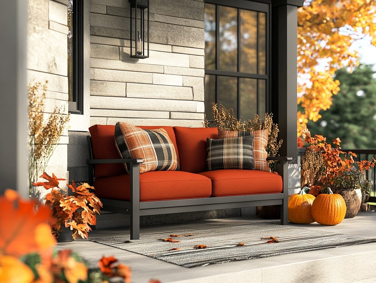 Front Porch With Cozy Outdoor Seating with Fall-Themed Textiles