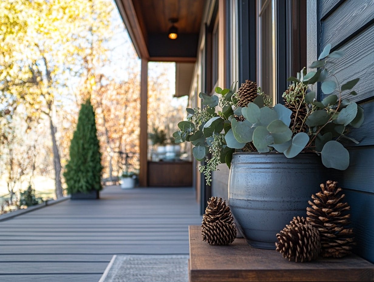 Front Porch With Eucalyptus and Pinecone Arrangements