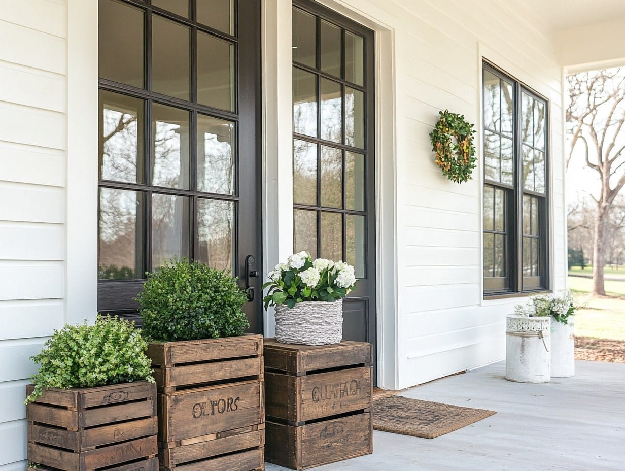 Front Porch With Farmhouse Crates for Stacking and Display