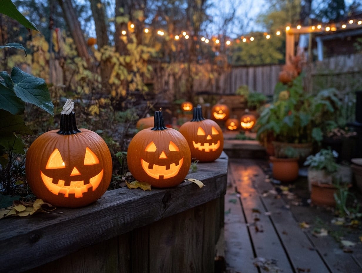 jack-o'-lanterns in a backyard for halloween