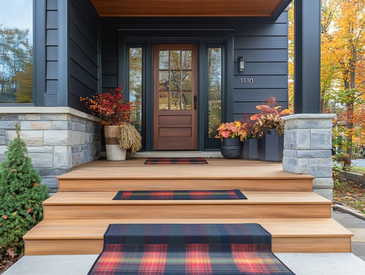 Front Porch With Layered Plaid and Seasonal Doormats for a Welcoming Entry