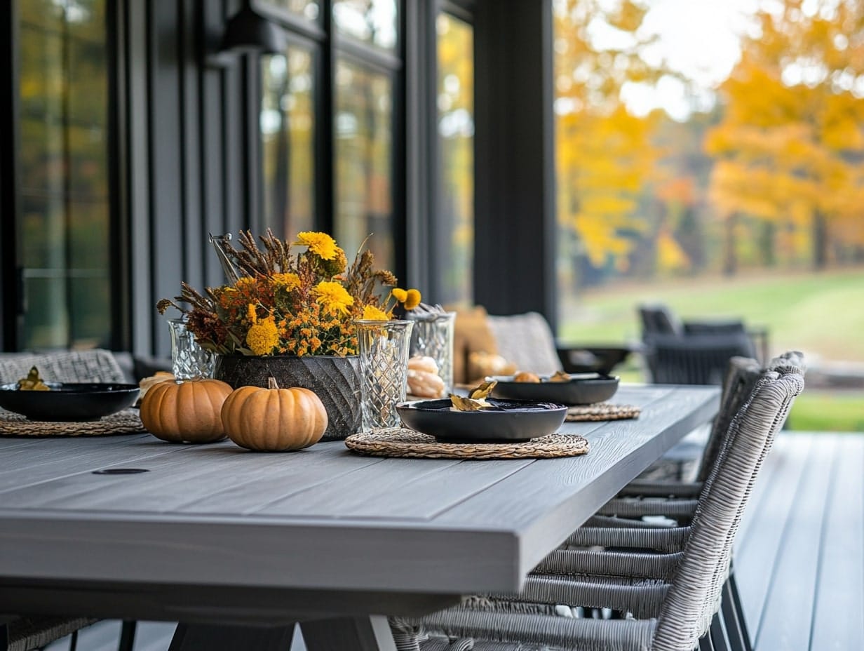 Front Porch With Outdoor Fall Table with Seasonal Centerpiece