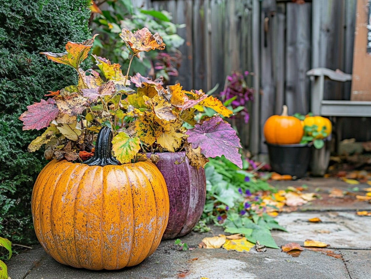 pumpkin planters in garden