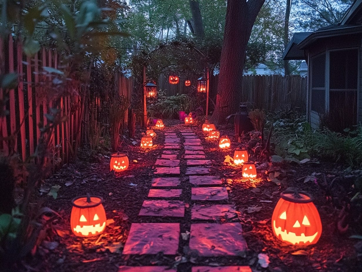 garden pathway with creepy lighting