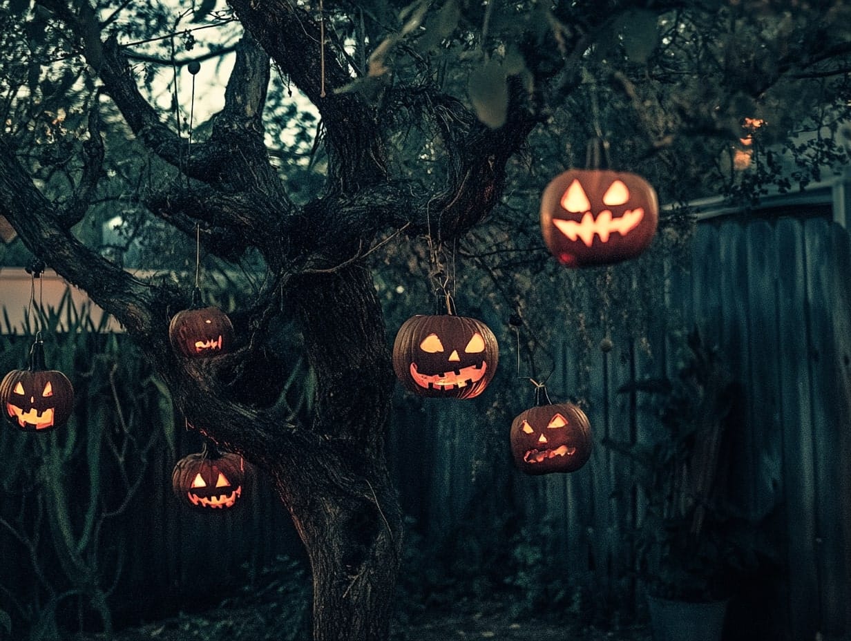 tree decorated with haunted decorations