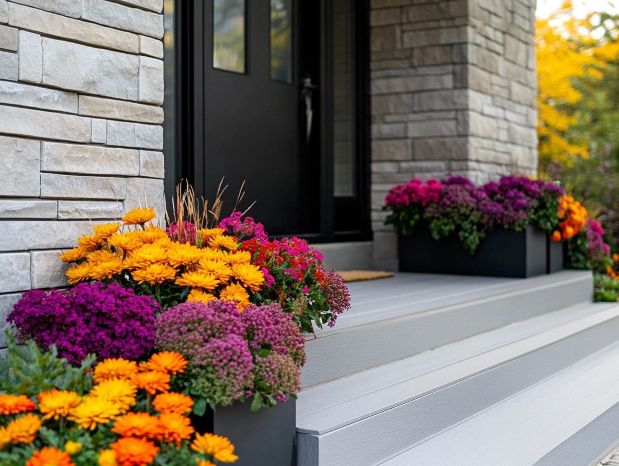 Front Porch With Vibrant Mums and Ornamental Kale for Seasonal Color