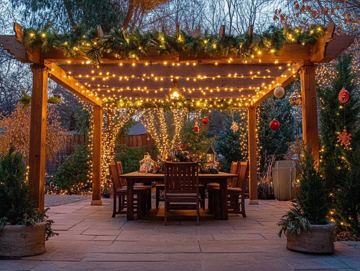 Festive Pergola Draped with Lights and Greenery