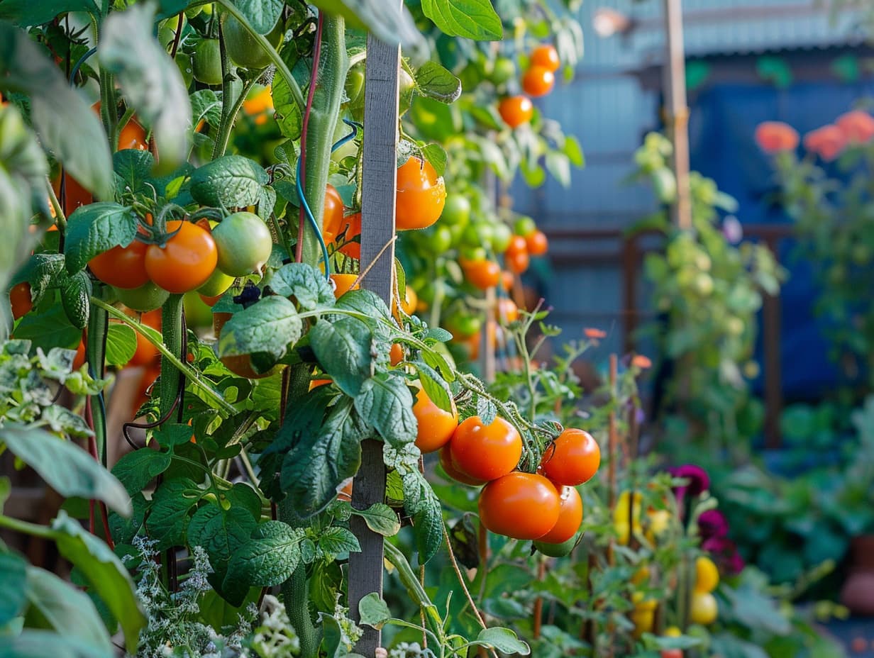 a garden with growing tomatoes and tomato plants