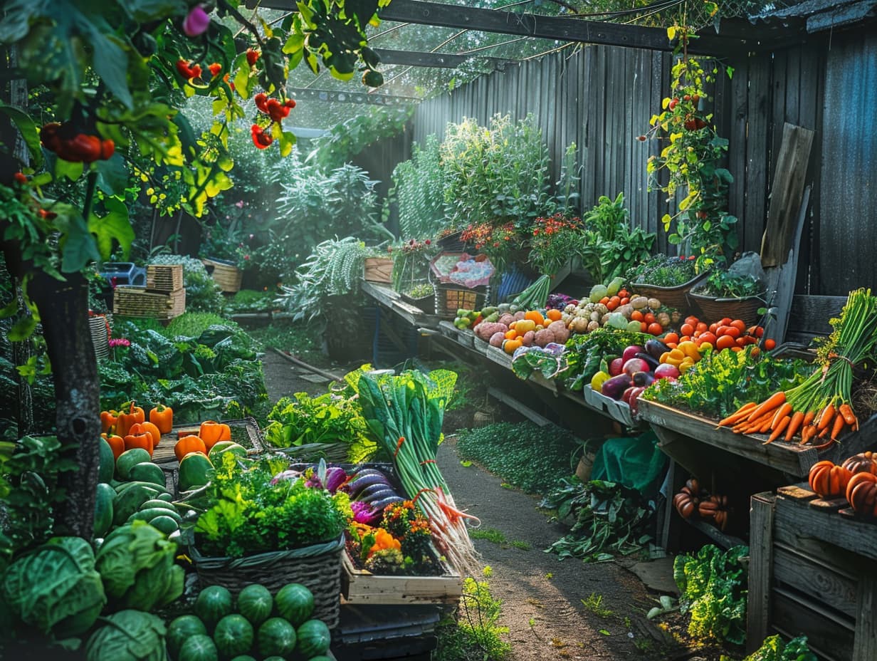 a storage room full of vegetable and fruit harvest