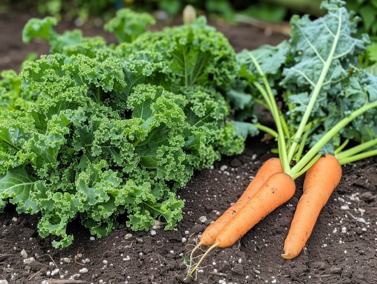 carrot and kale in a garden