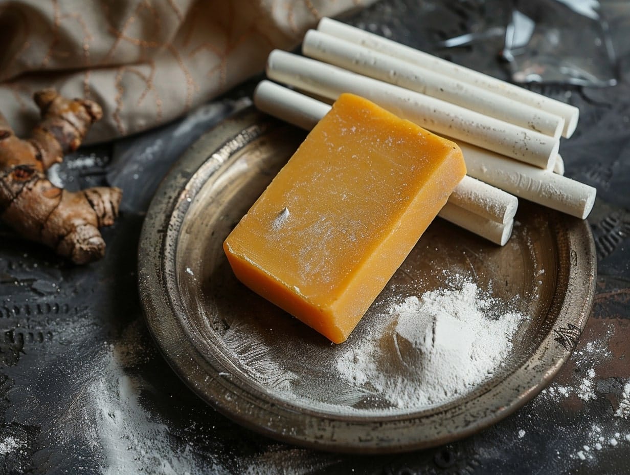 a plate with a bar of soap, chalk and baking soda