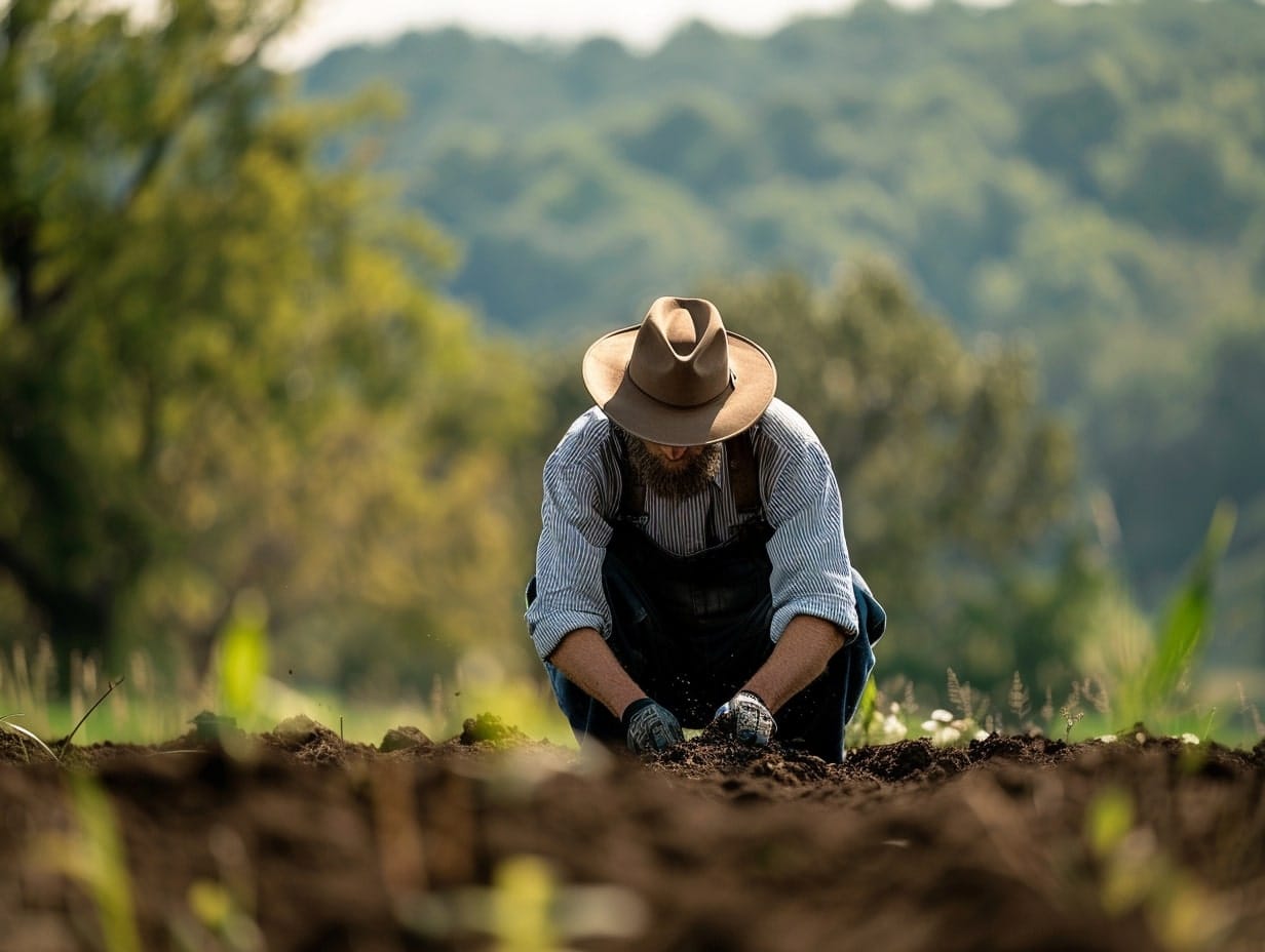 an amish person checking garden soil