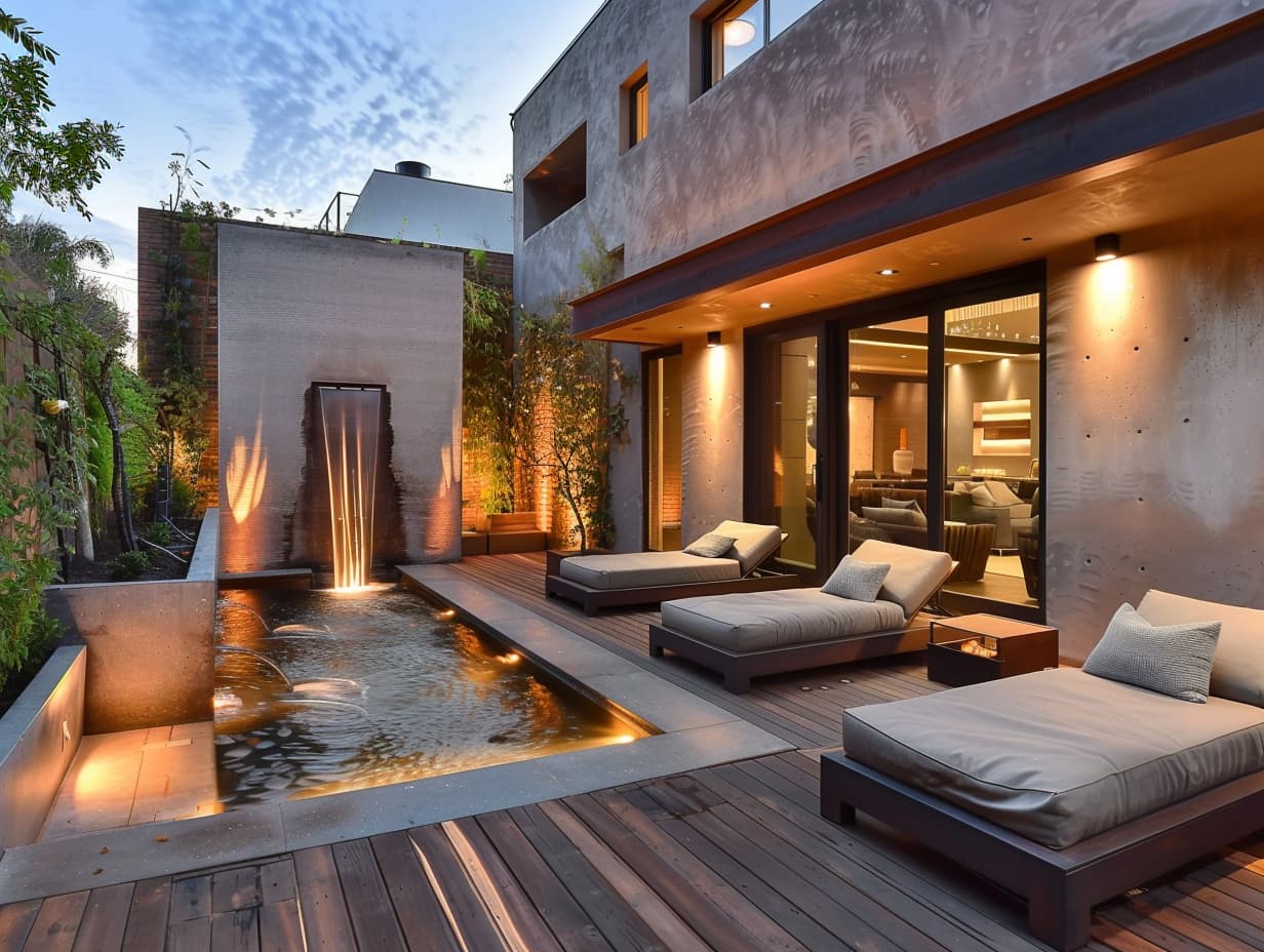 beautiful patio with day beds, water feature and led lighting