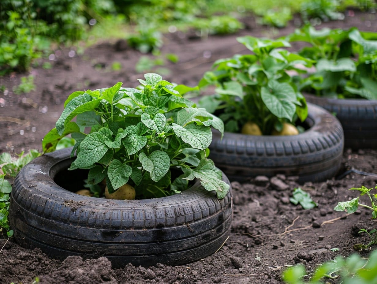 potatoes growing inside tires in a garden