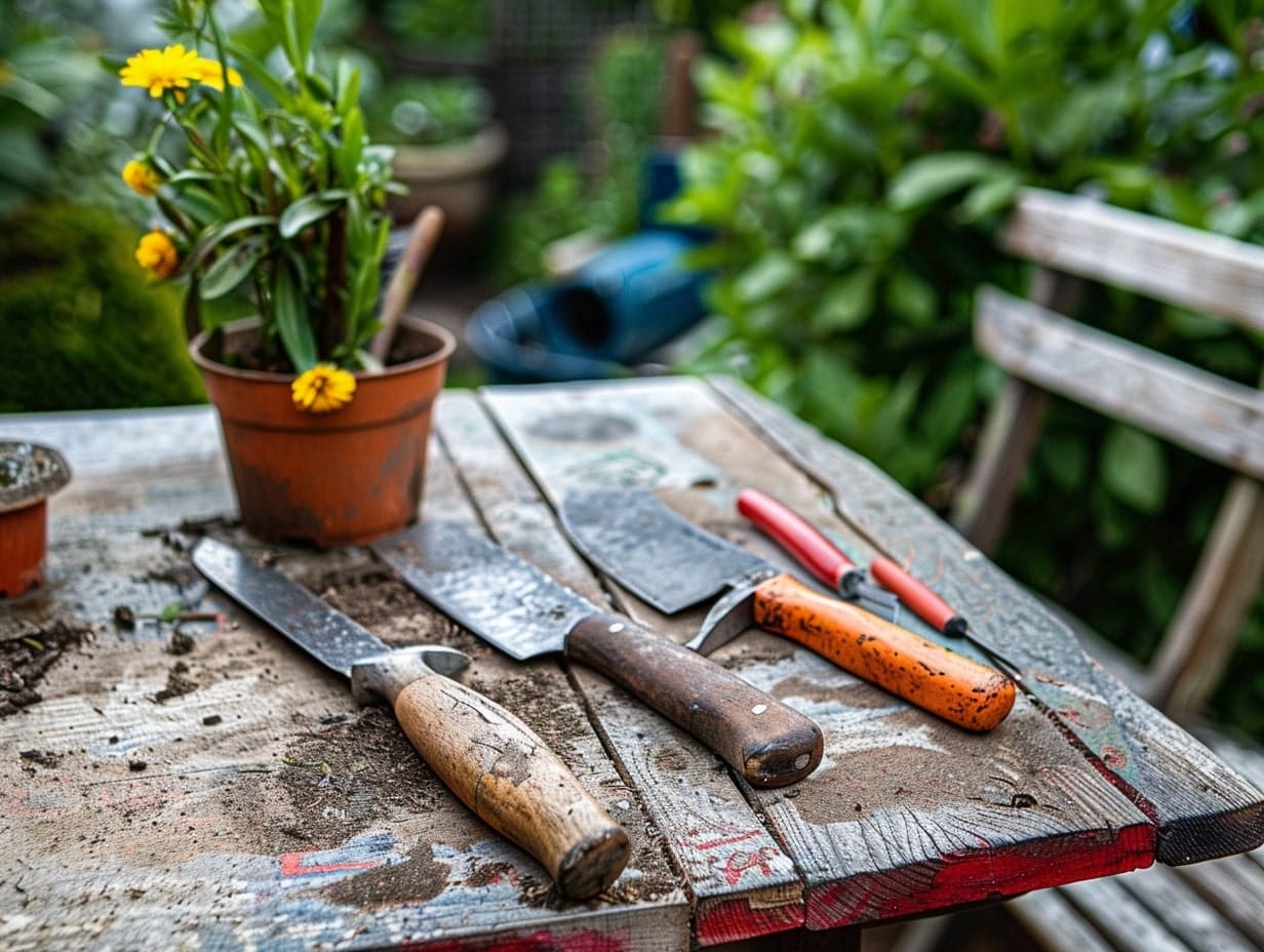 garden knives kept on a dirty table in a garden