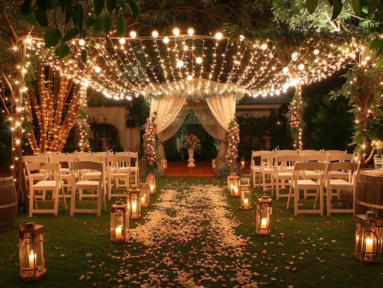 a beautiful outdoor backyard wedding with lots of lights