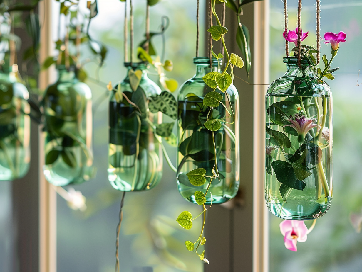 plants growing inside hanging plastic water bottles