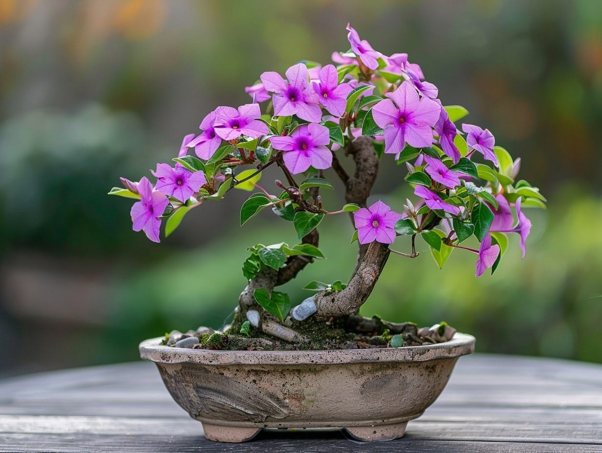 a beautiful vinca bonsai tree on a garden table